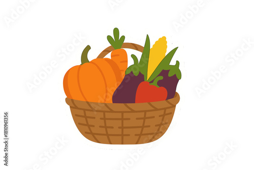 Woven basket overflowing with assorted fresh autumn harvest vegetables