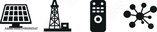   Solar panel, oil rig, remote control, molecular network, energy icons, technology symbols, fossil fuel, renewable power, vector, isolated, black, white, flat, minimal, infrastructure, science, contr