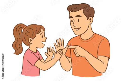 Father teaching daughter sign language counting using hand gestures