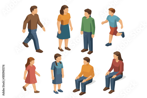 Isometric diverse group of people standing walking and sitting figures