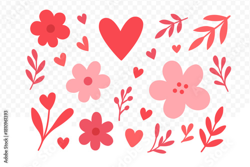 Assortment of stylized red and pink hearts flowers and leaves elements