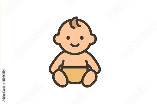 Simple smiling baby icon wearing diaper sitting isolated on white background