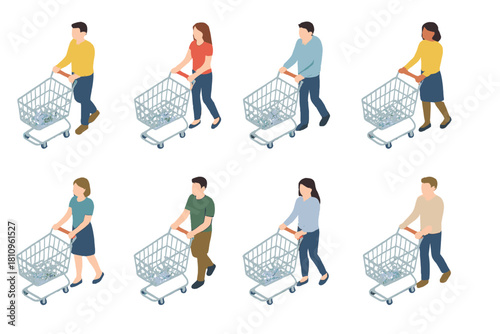 Isometric diverse shoppers pushing empty shopping carts in a set
