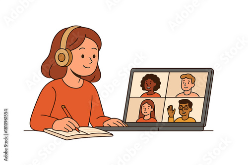 Student attending virtual meeting while taking notes on laptop