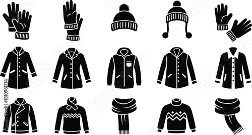 Winter clothing silhouette, seasonal apparel icons, coat hat glove set, black fashion vector, warm wear collection, cad drawing flat vector illustration