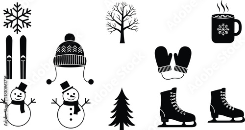 Winter icon silhouette, seasonal vector set, snowman mitten hat, ski skate mug, pine tree snowflake, cad drawing flat vector illustration