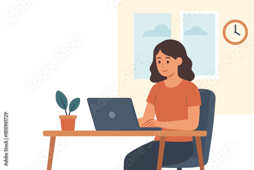 Young woman working remotely on a laptop computer at home desk near a window