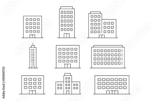 Collection of simple outline icons for modern buildings and high-rise skyscrapers