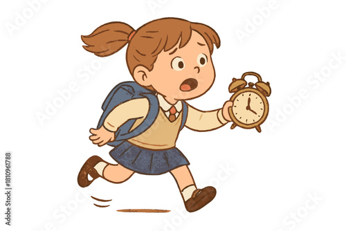Anxious school student running late for class holding a backpack and alarm clock
