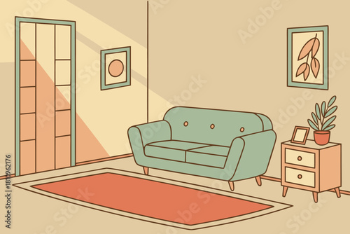 Home interior with green couch chest of drawers and framed pictures in warm tones illustration