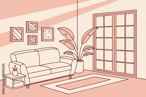 Minimalist living room with sofa plant and window vector illustration in outline style