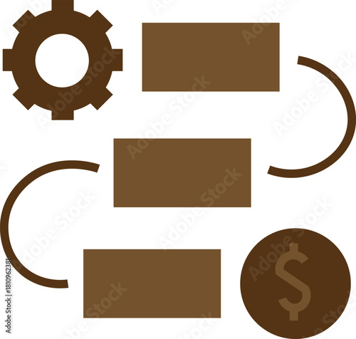 Process flow diagram with gear boxes and coin for business concept