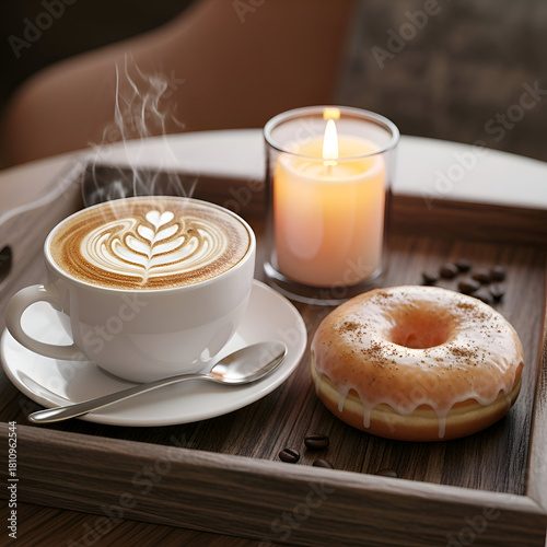 Cozy morning scene with latte art, donut, and candle on a wooden tray