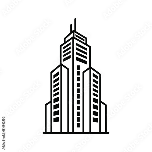 Stylized line art illustration of a tall skyscraper building