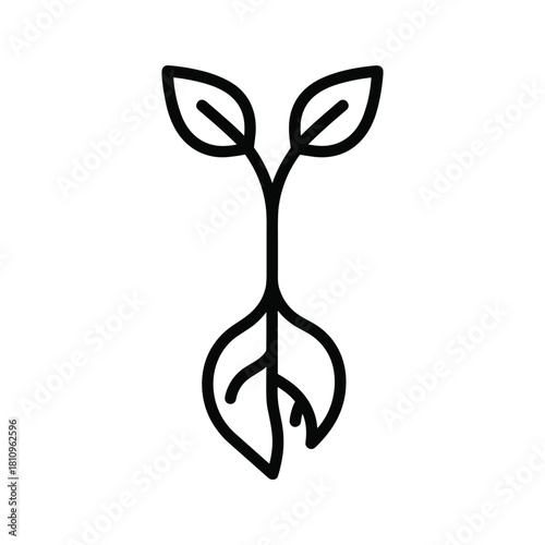 Minimalist black outline icon of a sprouting plant with roots