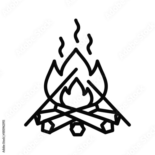 Simple line art icon of a campfire with flames and smoke