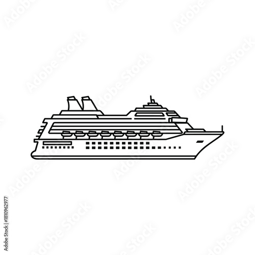Outline drawing of a large passenger cruise ship sailing on the water