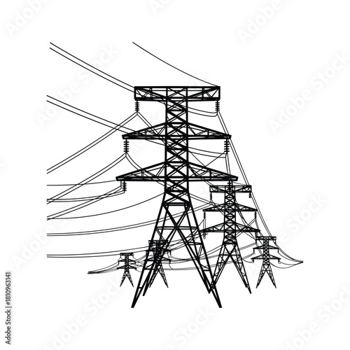 Black and white sketch of multiple high voltage electricity pylons and power lines
