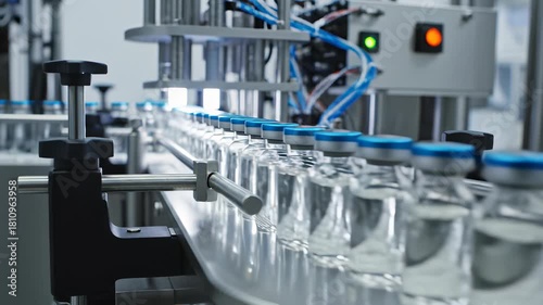 Glass vials filled with medical grade water being manufactured on an industrial production line in 4K UHD, highlighting the importance of reliable and precise manufacturing processes for high.