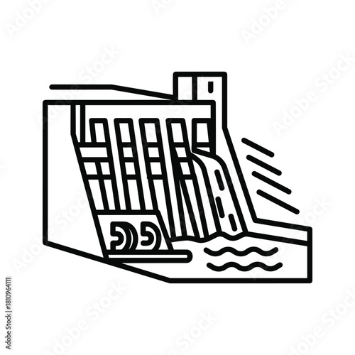 Simple line art illustration of a hydroelectric dam with water flowing