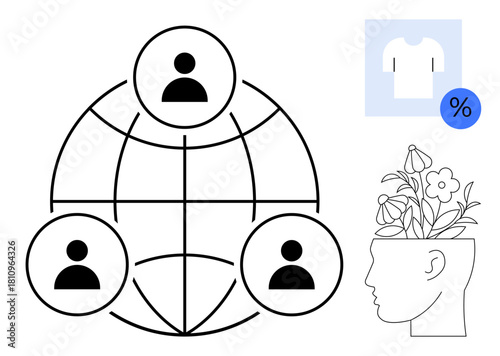 Globe linking people, head with blooming flowers, shirt, and discount percentage merging connectivity, growth, and sustainability. Ideal for collaboration, networking, eco-awareness mindfulness