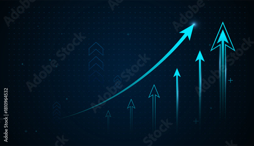 Upward Solumns Light Blue Arrows Growth for Technology Background Concepts, and Blue Futuristic Business sales growth arrows Chart on blue technology background