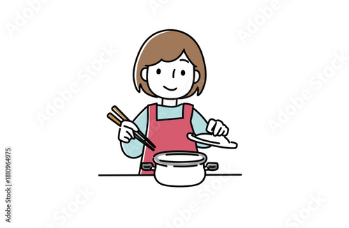 鍋の中の様子を見る女性