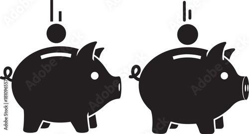 Two piggy banks with coins falling silhouette
