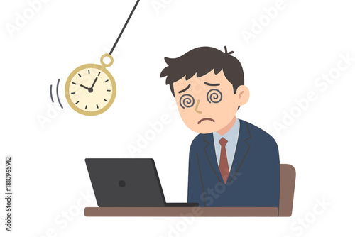 Businessman hypnotized by swinging pocket watch above desk
