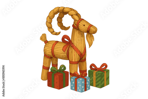 Traditional straw goat figure with wrapped holiday presents