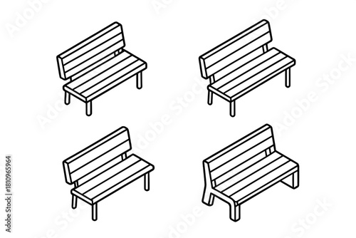 Four isometric outline styles of public park seating benches