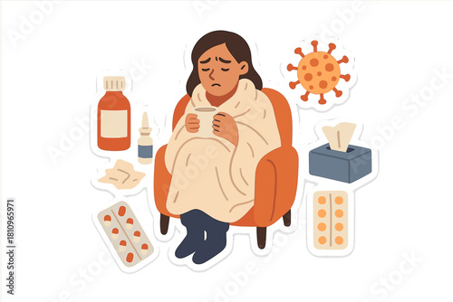 Unwell person wrapped in blanket with cold and flu remedy icons
