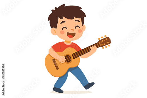 Joyful young boy playing acoustic guitar with happy expression