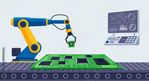 Automated robotic arm working on circuit board production line, representing modern industrial technology, smart factory concepts, and efficient manufacturing