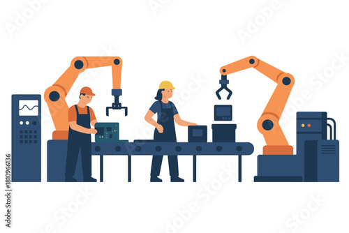 Factory workers supervising automated assembly line with robotic arms