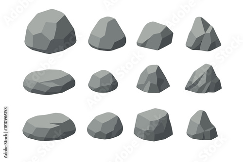 Set of twelve isometric gray stylized stone and rock shapes collection