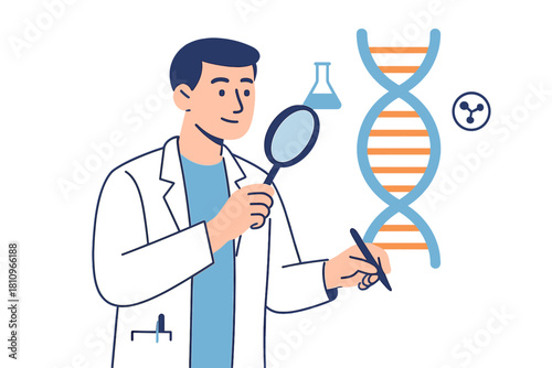 Male scientist studying DNA double helix structure with magnifying glass