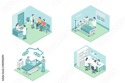 Isometric collection of modern hospital and clinic scenes for healthcare concepts