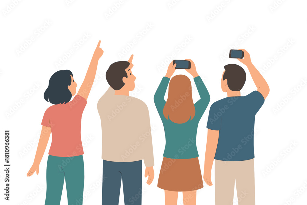 Obraz premium Diverse group looking up and recording an overhead event with mobile phones