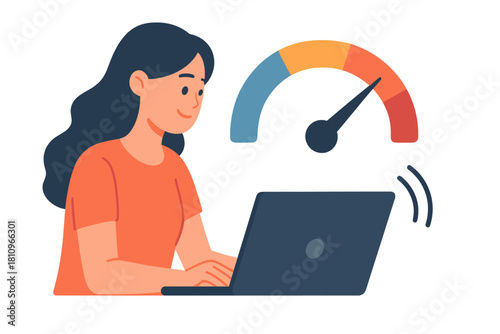 Woman using laptop with speed performance gauge indicator