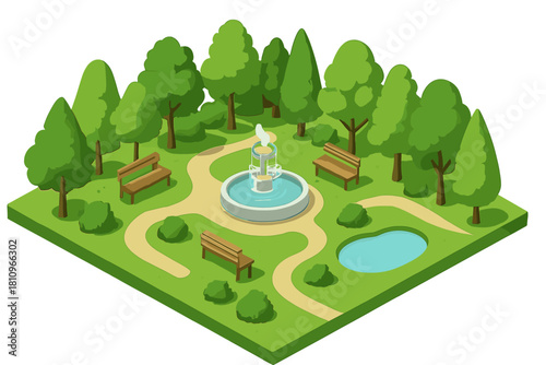 Isometric park landscape with fountain benches and green trees