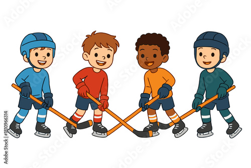 Four diverse young boys playing ice hockey with sticks and skates