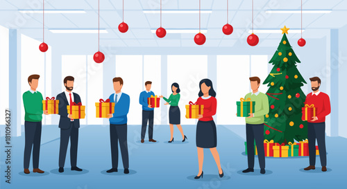 Christmas Office Party Colleagues Exchanging Gifts near Decorated Tree and Baubles