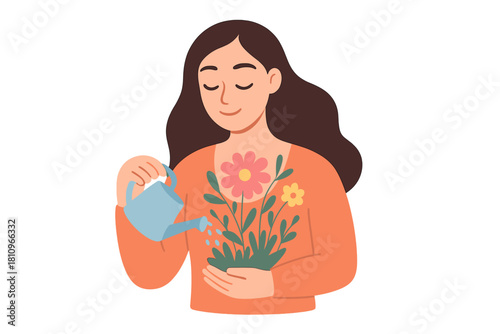 Woman nurturing personal growth with watering can and blooming flowers