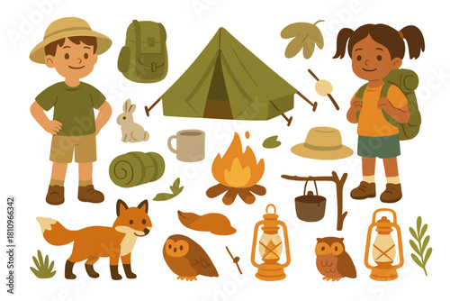 Children campers with tent campfire and woodland animals set