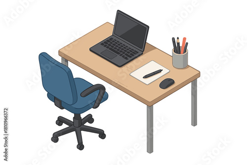 Isometric home desk setup with laptop and ergonomic chair