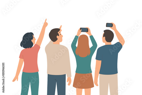 Diverse group looking up and recording an overhead event with mobile phones