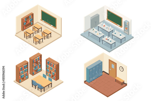 Isometric educational room interiors featuring classroom library and laboratory scenes