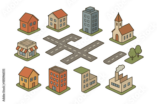 Isometric set of city elements including houses, buildings, church, factory, and roads