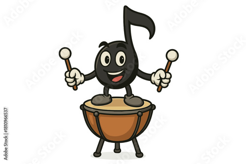 Happy musical note character playing percussion instrument with drumsticks